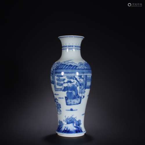 Blue and white character story Guanyin bottle