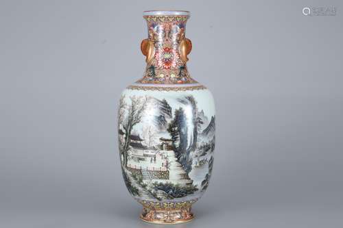 Enamel flower and landscape character amphora