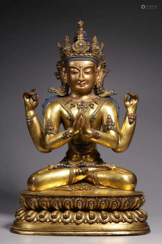 Sitting four-armed Avalokitesvara statue with gilt bronze in...
