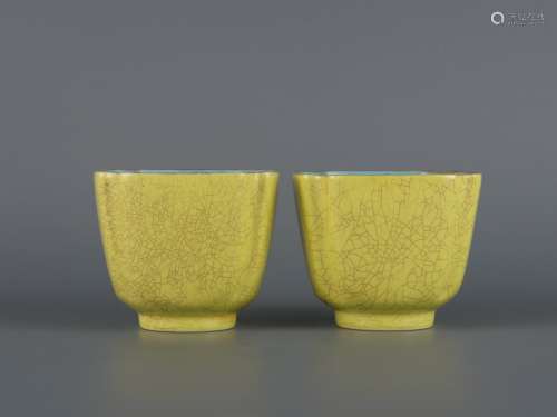 A pair of lemon yellow square cups