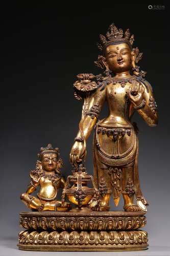 Gilt Bronze Inlaid Tourmaline Double Buddha Statue