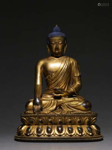 Gilt Bronze Casting Shakyamuni Buddha Seated Statue Ornament