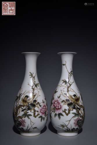 Pair of pastel flower and bird pattern jade pot spring vase