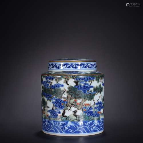 Blue and White Pastel Songhe Yannian Tea Caddy