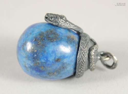 A RUSSIAN LAPIS EGG PENDANT with an entwined silver snake. 1...