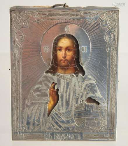 A SMALL RUSSIAN SILVER MOUNTED ICON, .4ins x 3.25ins. Mark B...