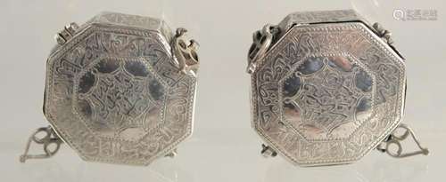 TWO SMALL ISLAMIC SILVER OCTAGONAL BOXES. 1.75ins.