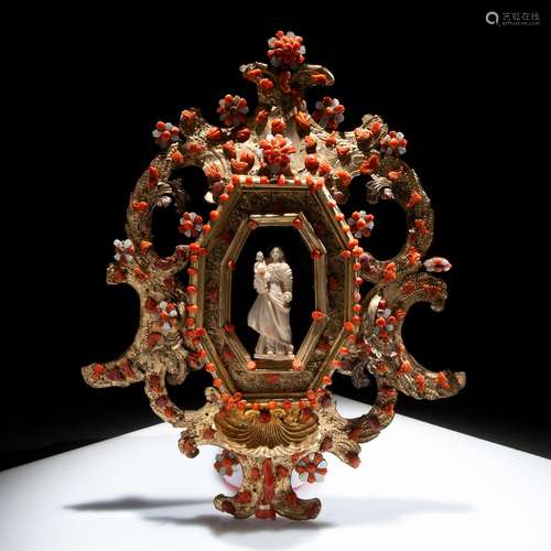 Holy water font made of wood, gilt copper, coral, and mother...