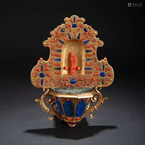 Holy water font made of, gilt copper, coral, and lapis lazul...