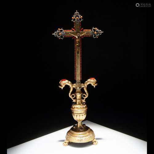 Crucifix made of gilded copper, coral, silver, and enamels, ...