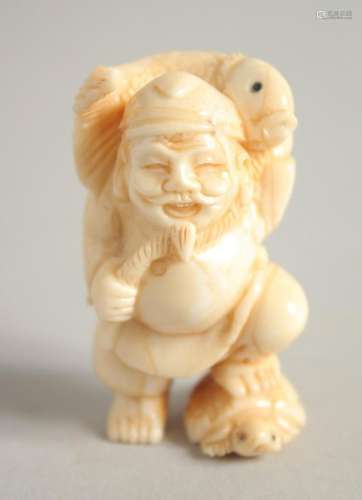 A CARVED BONE FISHERMAN Signed, 2ins.