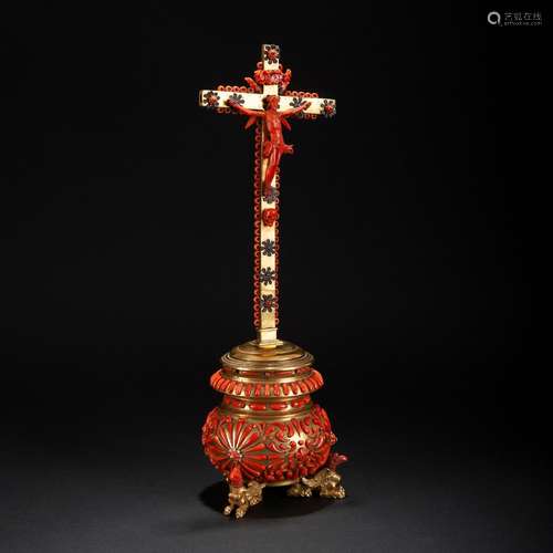 Inkwell with gilt copper and coral crucifix, Trapani first h...