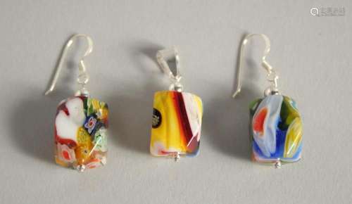 A SILVER AND MILLEFIORI PENDANT AND EARRINGS.