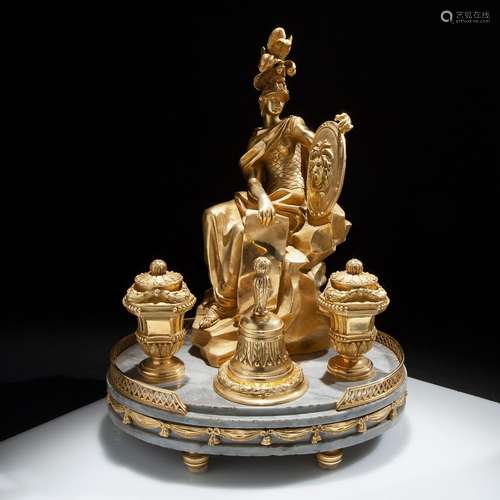 Elegant inkwell of gilt bronze and marble, France 1810-15