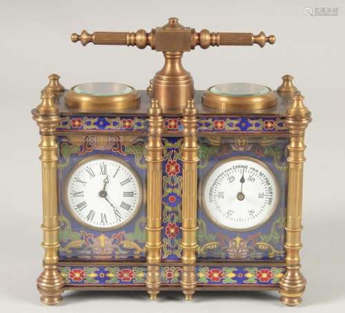 A CLOISONNE ENAMEL DOUBLE CARRIAGE CLOCK. 5ins with carrying...