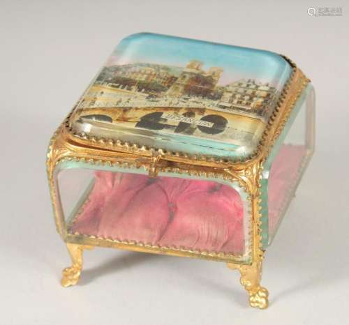 A GOOD SQUARE GLASS AND GILT JEWELLERY BOX, Besancon 4ins ...