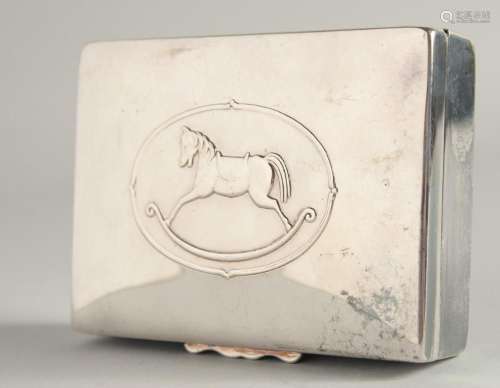 A SILVER PLATE BABY BOX, the lid with rocking horse. 4.25ins...