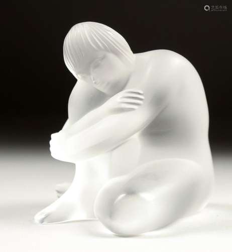 A LALIQUE FROSTED GLASS FIGURE sitting crossed leg. Signed. ...