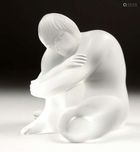 A LALIQUE FROSTED GLASS FIGURE sitting crossed leg. Signed. ...