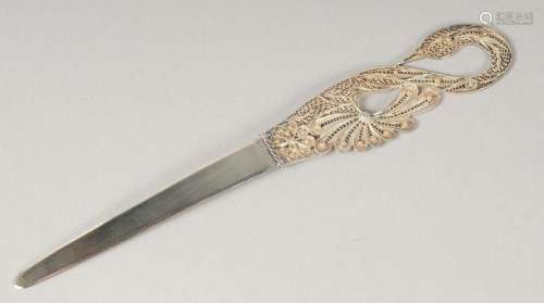 A SILVER AND FILIGREE SILVER PAPER KNIFE with swan s head. 7...