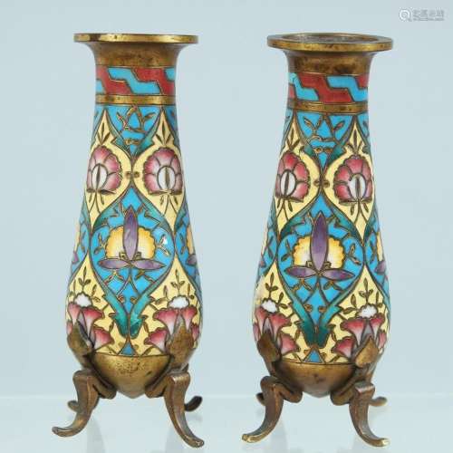 A SMALL PAIR OF 19TH CENTURY FRENCH CLOISONNE ENAMEL VASES w...