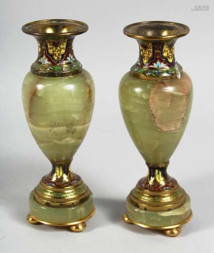 A GOOD SMALL PAIR OF ONYX AND CLOISONNE ENAMEL VASES with gi...