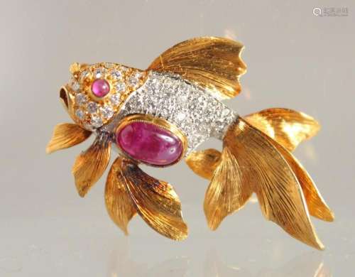 AN18CT GOLD, RUBY, AND DIAMOND SET FISH BROOCH BY FRASCAROLO...