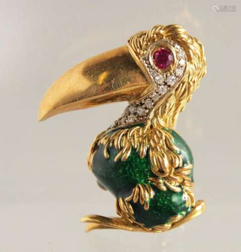 AN 18CT GOLD, RUBY, AND DIAMOND PELICAN BROOCH. Signed, FRAS...