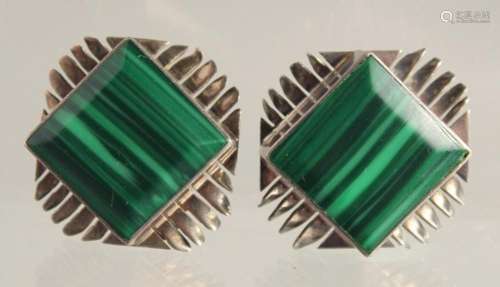 A PAIR OF SILVER AND MALACHITE EAR CLIPS