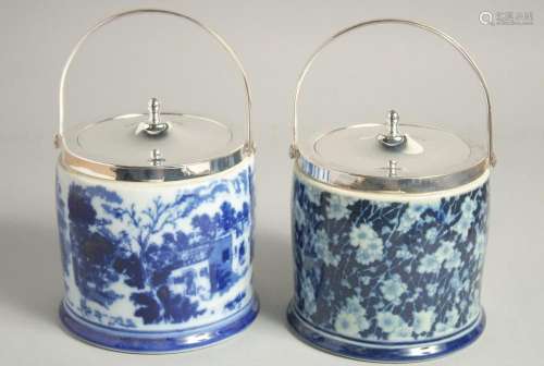 TWO SILVER PLATED AND PORCELAIN CIRCULAR BISCUIT BARRELS AND...