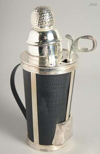 A SILVER PLATED GOLF BAG COCKTAIL SHAKER. 12ins high.