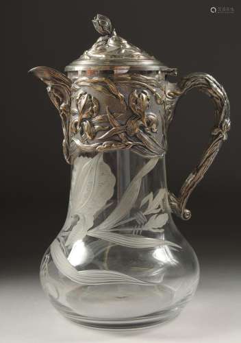A BULBOUS ENGRAVED GLASS CLARET JUG with plated mounts, lid ...