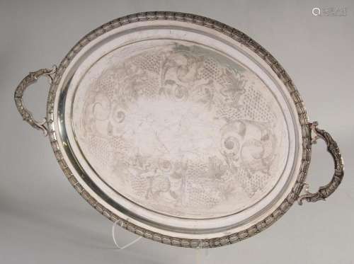 A GOOD PLATED OVAL TWO HANDLED TEA TRAY. 25ins long.