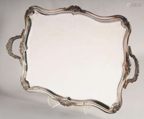 A GOOD SILVER PLATED SQUARE TWO HANDLED TEA TRAY. 24ins long...