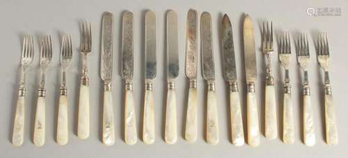 A SET OF SIXTEEN SILVER DESSERT KNIVES AND FORKS with mother...