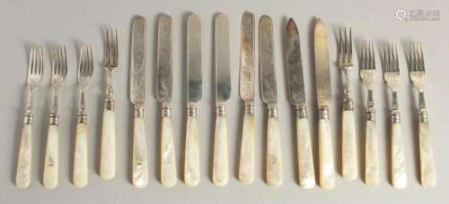 A SET OF SIXTEEN SILVER DESSERT KNIVES AND FORKS with mother...