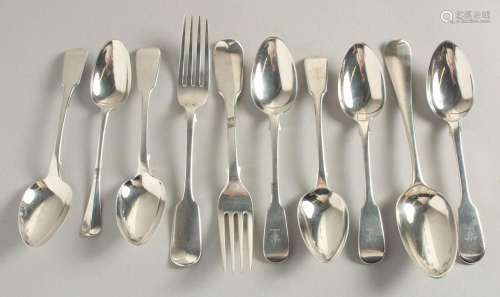 FOUR GEORGE IV SILVER FIDDLE PATTERN DESSERT SPOONS and othe...