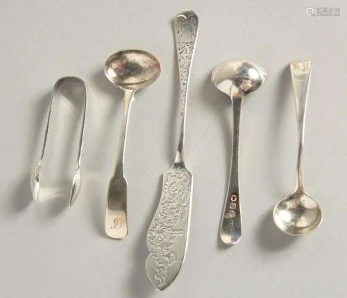 A SILVER BUTTER KNIFE AND MUSTARD SPOONS ETC.