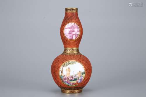 Red-glazed gold-painted watercress figure gourd bottle
