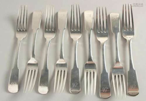 A SET OF NINE SILVER PERTH FIDDLE PATTERN FORKS by CHARLES M...