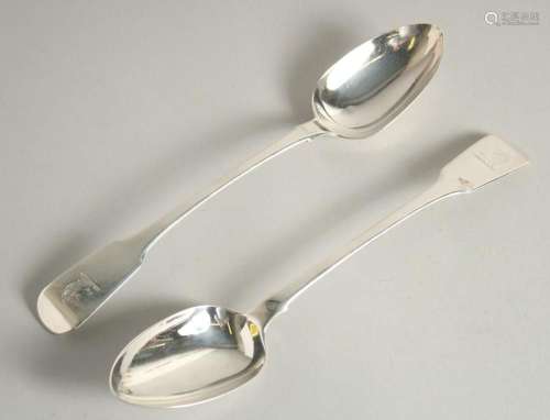 A PAIR OF GEORGE IV SILVERFIDDLE PATTERN SERVING SPOONS. Lon...