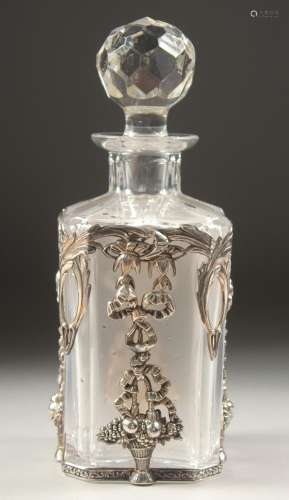 A SQUARE GLASS DECANTER AND STOPPER with silver mounts. 8ins