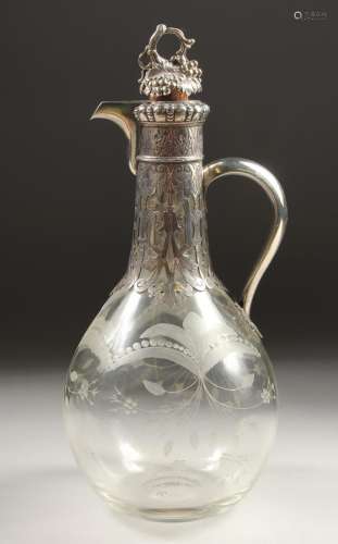 A VERY GOOD VICTORIAN CLARET JUG BY GEORGE FOX with etched g...