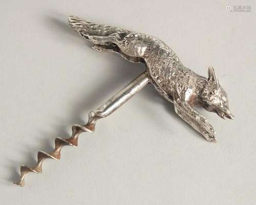 A CAST SILVER CORKSCREW as a RUNNING FOX. 3.75ins long.