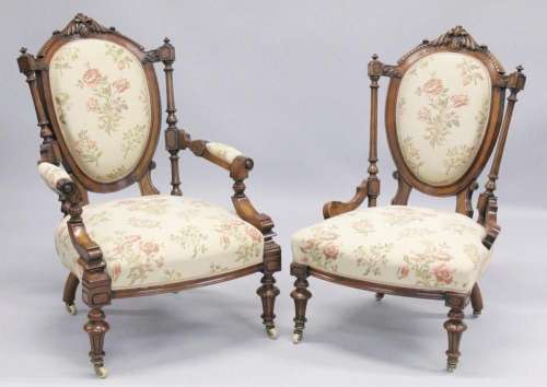 A GOOD VICTORIAN CARVED WALNUT NURSING AND MATCHING ARMCHAIR...