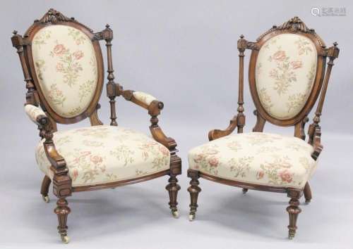 A GOOD VICTORIAN CARVED WALNUT NURSING AND MATCHING ARMCHAIR...