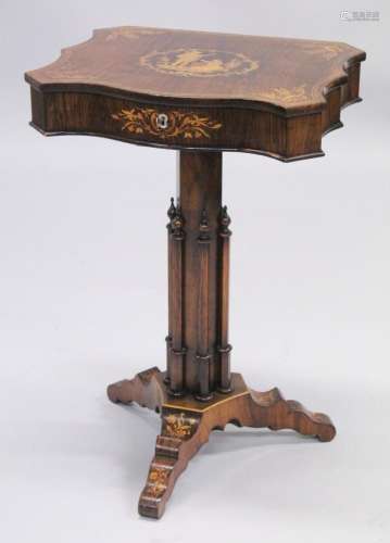 A SUPERB 19TH CENTURY ROSEWOOD INLAID SEWING TABLE, the shap...