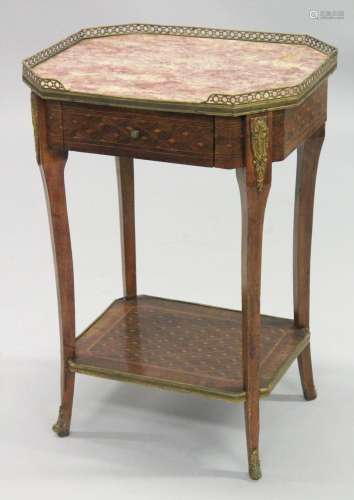 A GOOD 19TH CENTURY FRENCH PARQUETRY MARBLE TOP TABLE, with ...