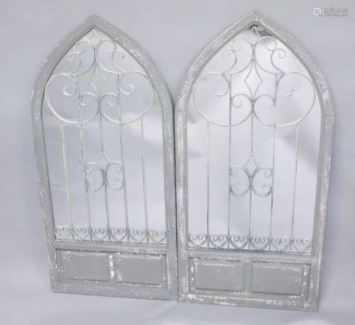 A PAIR OF GREY GARDEN MIRRORS. 4ft 6ins x 2ft 2ins.