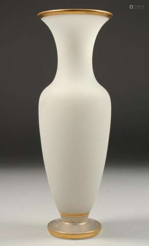 A FROSTED GLASS VASE edged in gilt. 11.5ins high.